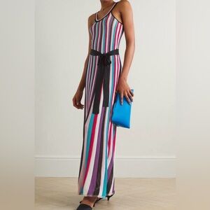 Striped Knit Maxi Dress with Black Waist Tie - Multicolor